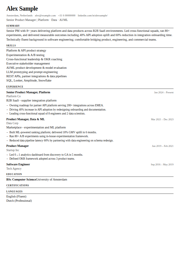 Preview of the Basic CV template, an A4 CV page showing the profile, skills, experience and education sections