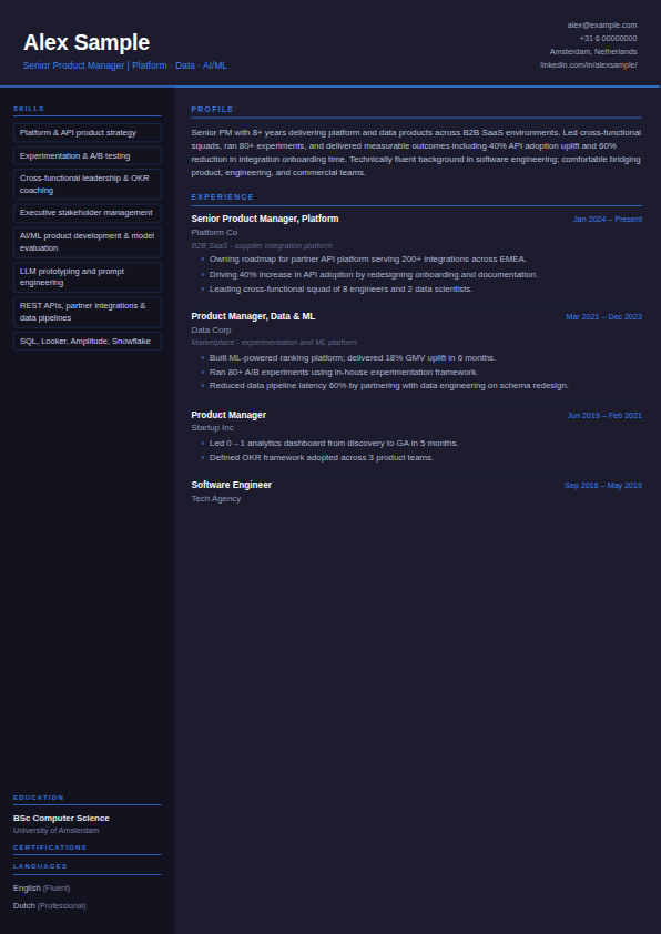 Preview of the Dark CV template, an A4 CV page showing the profile, skills, experience and education sections