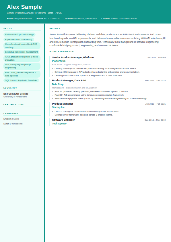 Preview of the Nordic CV template, an A4 CV page showing the profile, skills, experience and education sections