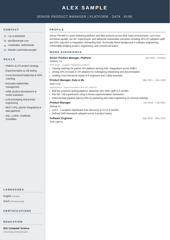 Preview of the Refined CV template, an A4 CV page showing the profile, skills, experience and education sections