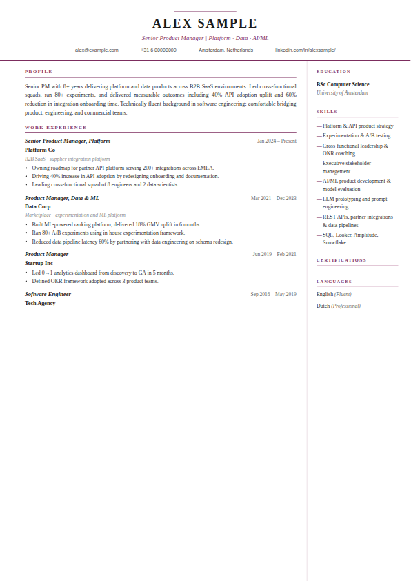 Preview of the Scholar CV template, an A4 CV page showing the profile, skills, experience and education sections