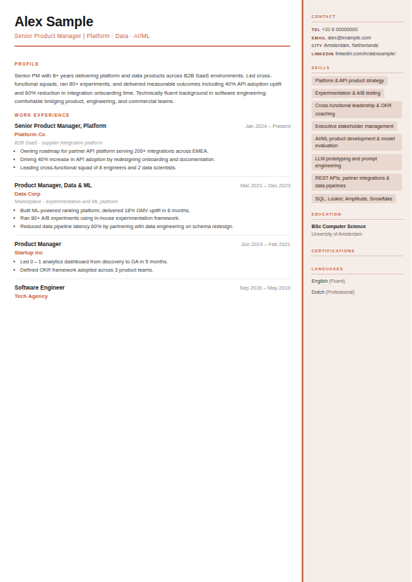 Preview of the Warm CV template, an A4 CV page showing the profile, skills, experience and education sections